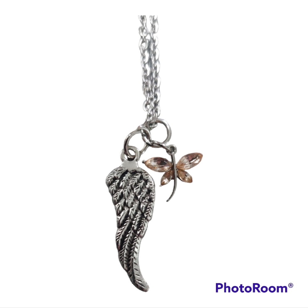 Angel Wing Silver Necklace with Jeweled Butterfly